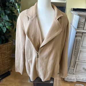 Lauren Ralph Lauren 2X Camel Knit Moto Jacket Asymmetrical Zip Gold Hardware